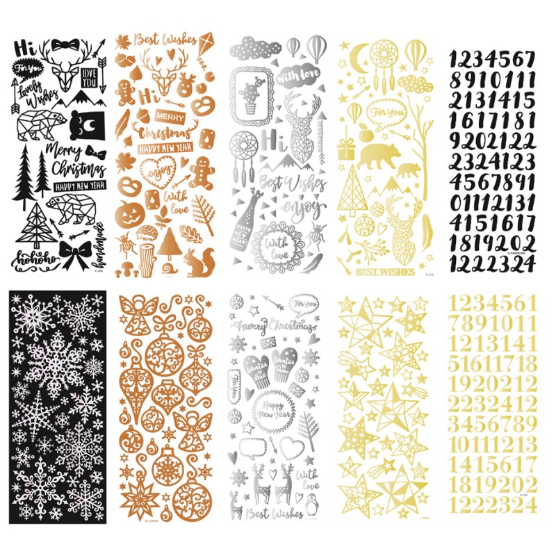 folia reliëfstickers Kerst, 100×240 mm, zwart/goud/zilver/koper/iriserend, 10 vel