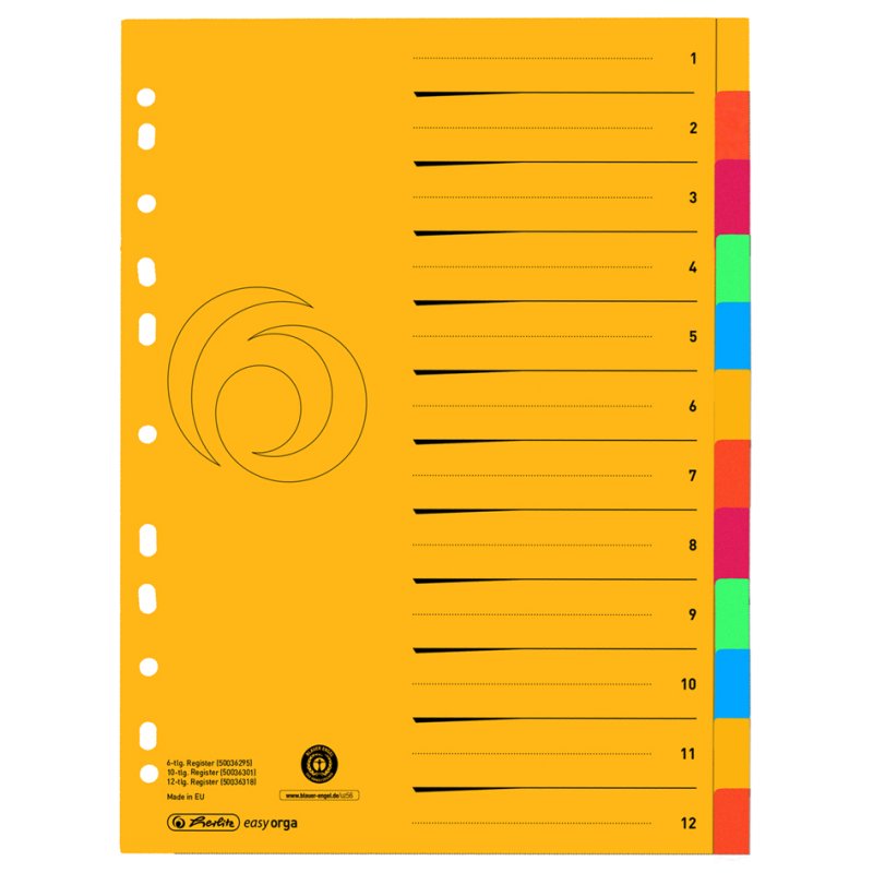 herlitz tabbladen A4, 12-delig, 5 kleuren, Manila karton