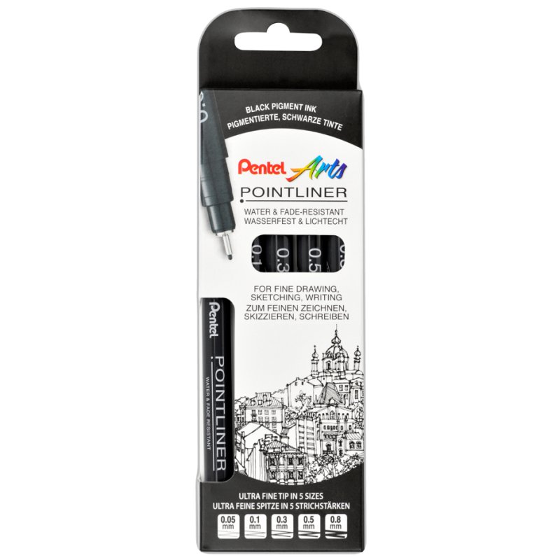 Pentel PentelArts fineliner permanent, black, 5 pieces