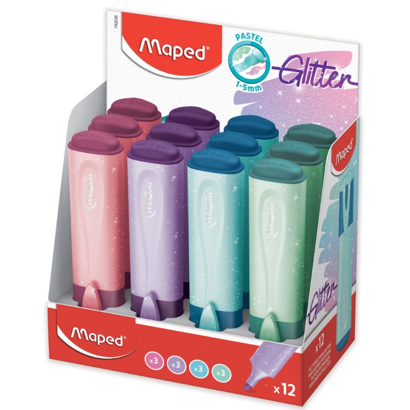 Maped surligneurs FLUO'PEPS Glitter, pastel, boîte de 12