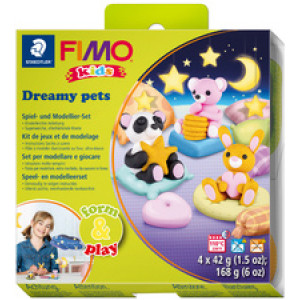FIMO Kids boetseerklei set Dreamy Pets, ofenhardend, 4×42 g, wit/roze/glitter goud/zwart