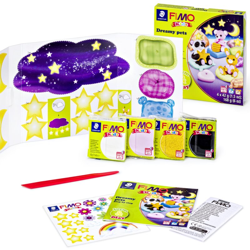 FIMO Kids boetseerklei set Dreamy Pets, ofenhardend, 4×42 g, wit/roze/glitter goud/zwart