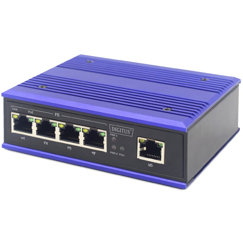 DIGITUS Commutateur Fast Ethernet PoE industriel, 4 ports, non géré, montage sur rail DIN
