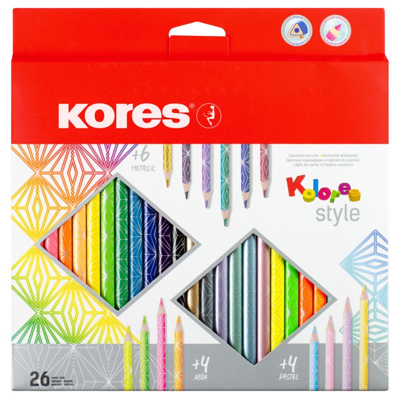 Kores Kolores Style triangular colouring pencils, 3 mm, 26 pieces