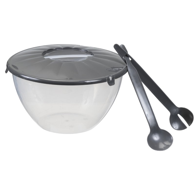 plast team salad bowl with salad servers, 7.0 litre, transparent/grey