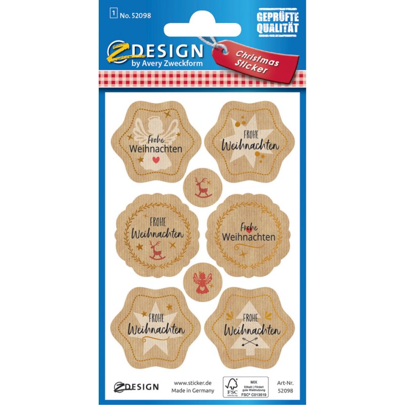AVERY Zweckform ontwerp kerststickers Groet, bruin/goud, permanent haftend, 8 stuks