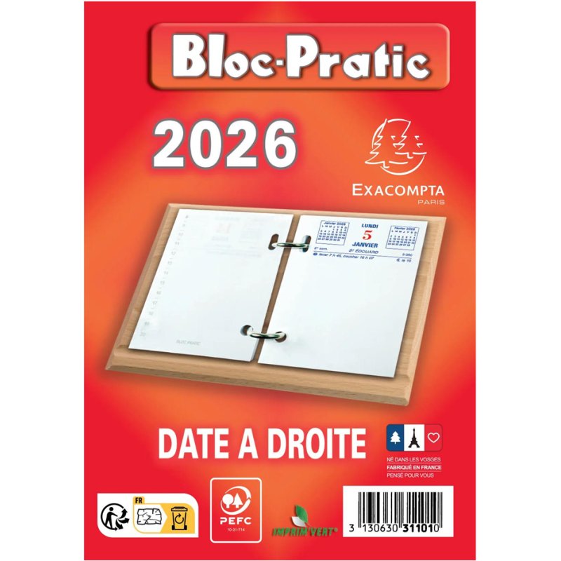 EXACOMPTA Bureaukalenderblok Bloc-Pratic 2026, datum links, 82×120 mm