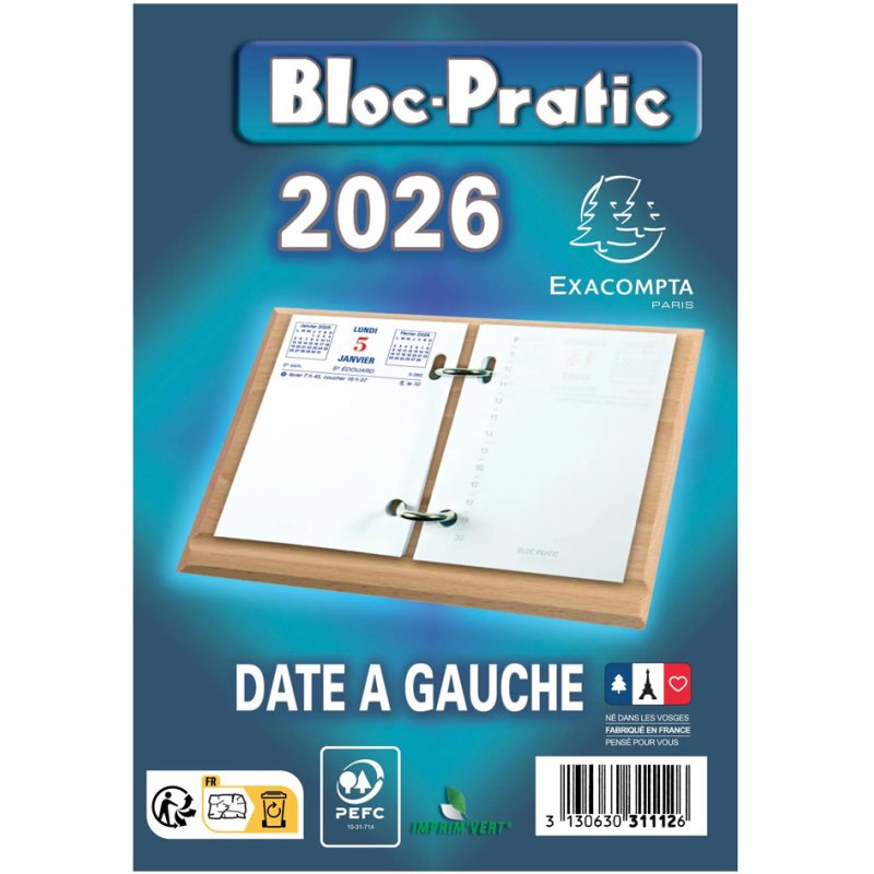 EXACOMPTA Bureaukalenderblok Bloc-Pratic 2026, datum links, 82×120 mm
