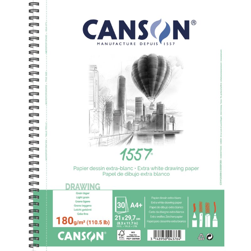 CANSON 1557 drawing pad, white, A4+, 180 g/m², 30 sheets