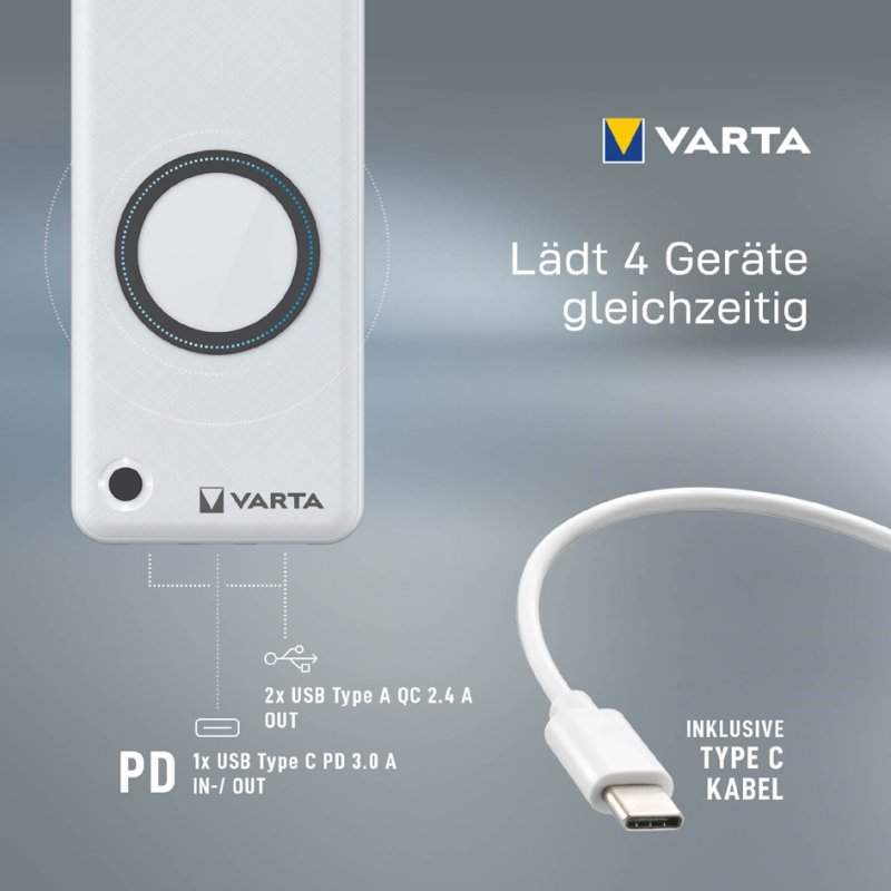 VARTA powerbank Wireless, draadloos laden, 10.000 mAh, wit