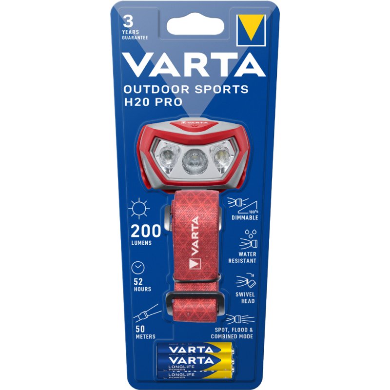 VARTA LED hoofdlamp Outdoor Sports H20 Pro, rood/grijs, 200 lumen