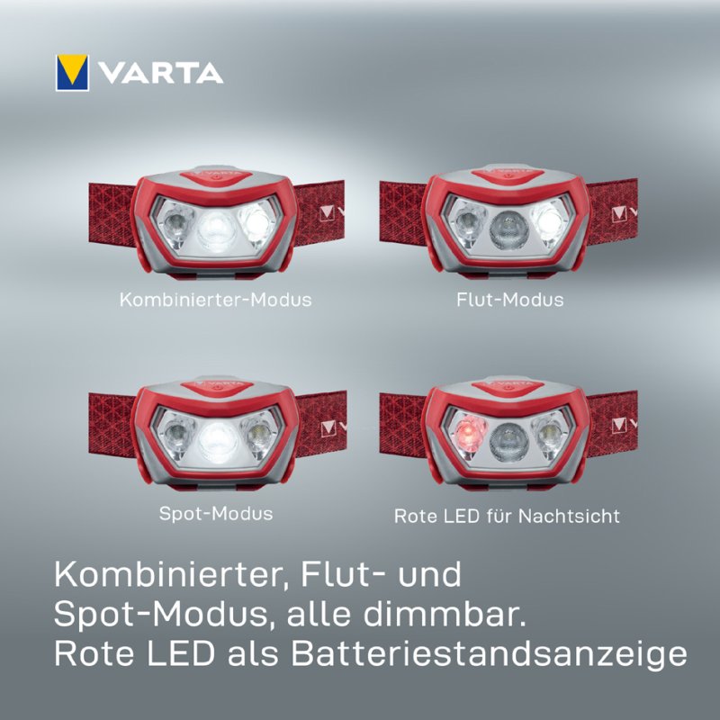 VARTA LED hoofdlamp Outdoor Sports H20 Pro, rood/grijs, 200 lumen