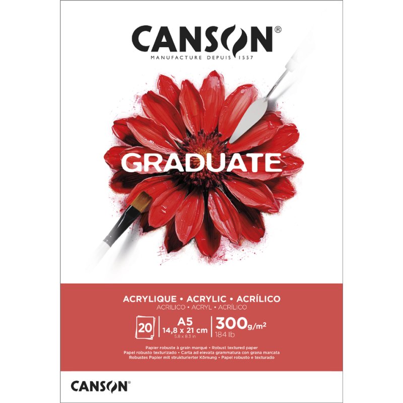 CANSON Graduate Acrylique papier à dessin, blanc naturel, 20 feuilles, 300 g/m², A4