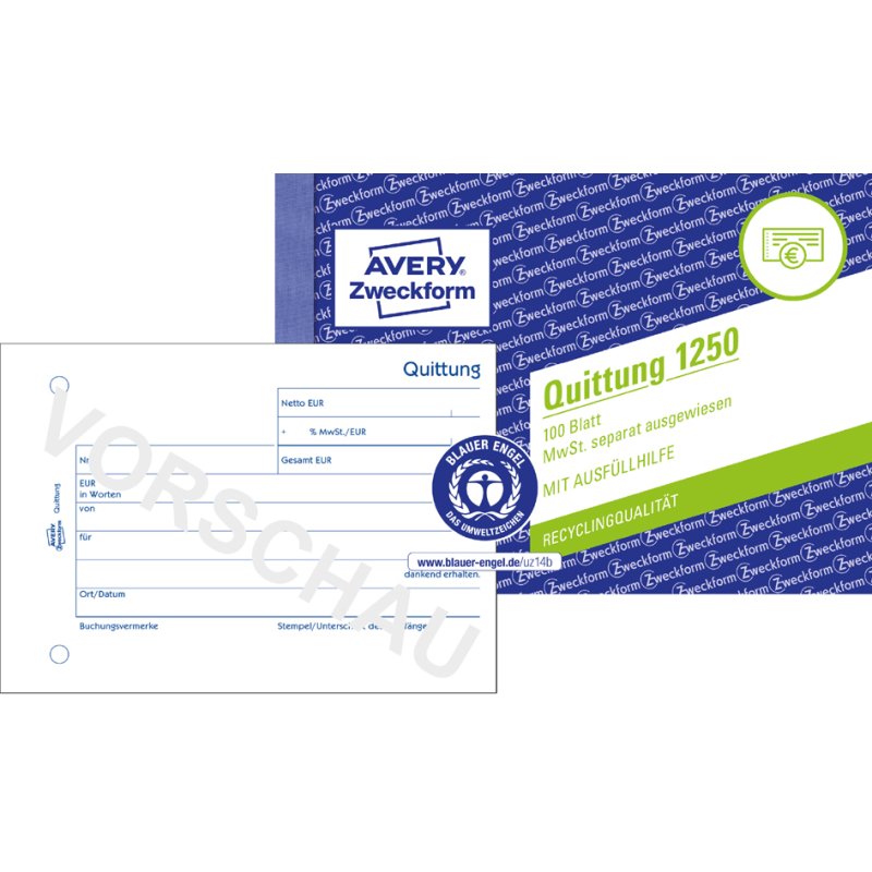 AVERY Zweckform formulierboek Recy kwitantie incl. BTW, A6 dwars, 100 vel