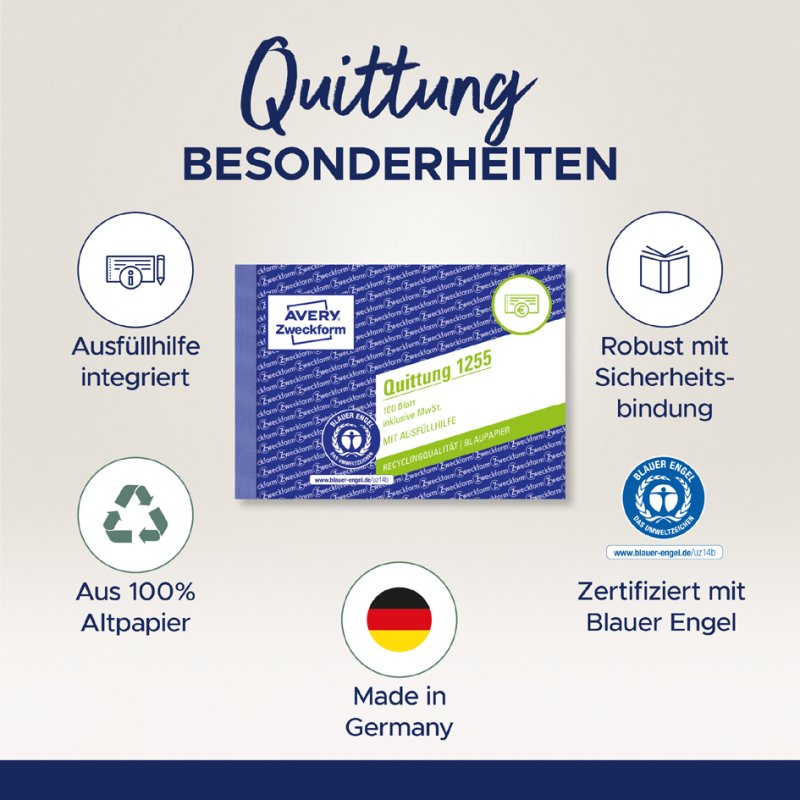 AVERY Zweckform formulierboek Recy kwitantie incl. BTW, A6 dwars, 100 vel