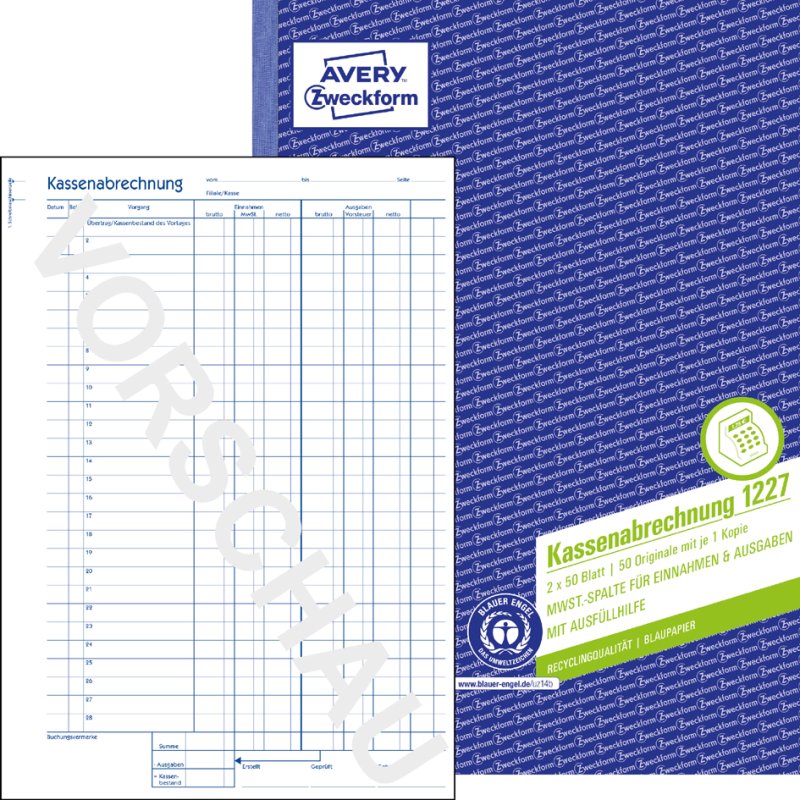 AVERY Zweckform formulierboek Kassenbericht, wit, A5, 50 vel, 100% gerecycled papier