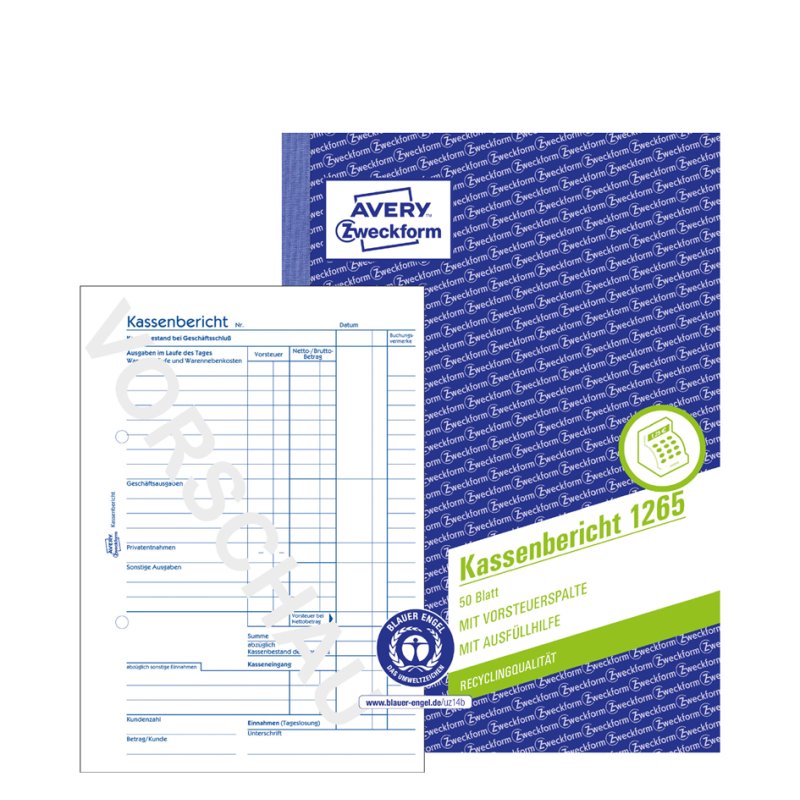 AVERY Zweckform formulierboek Kassenbericht, wit, A5, 50 vel, 100% gerecycled papier