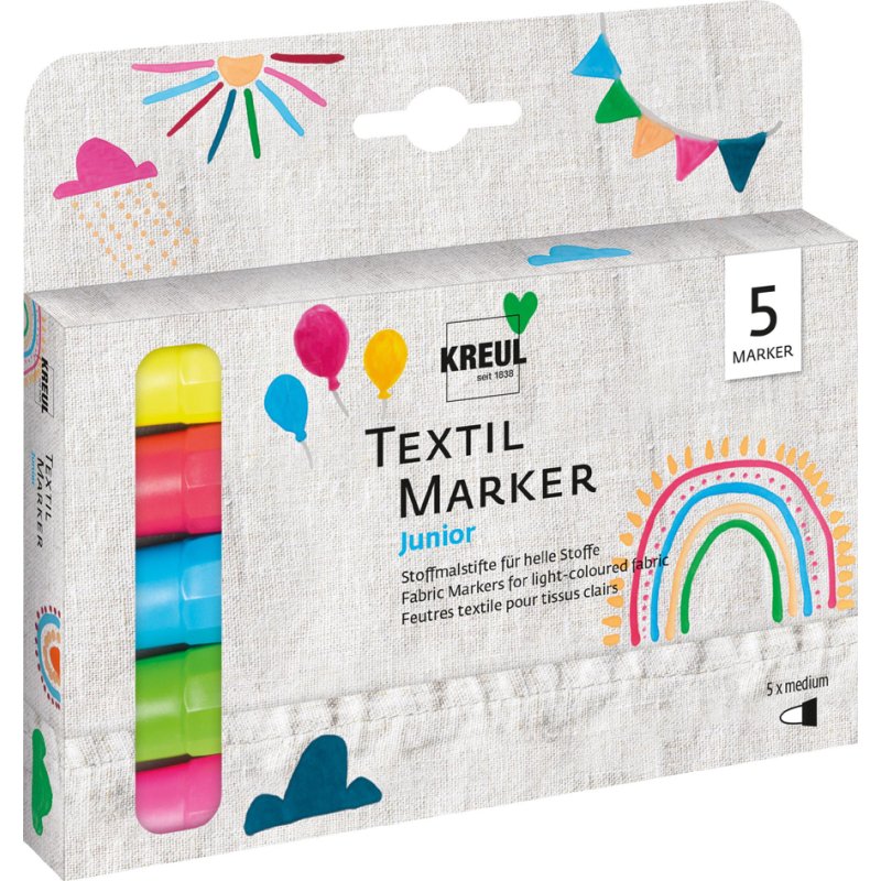 KREUL marqueurs textiles medium Junior, 2-4 mm, set de 5, jaune/rouge/bleu/vert/rose