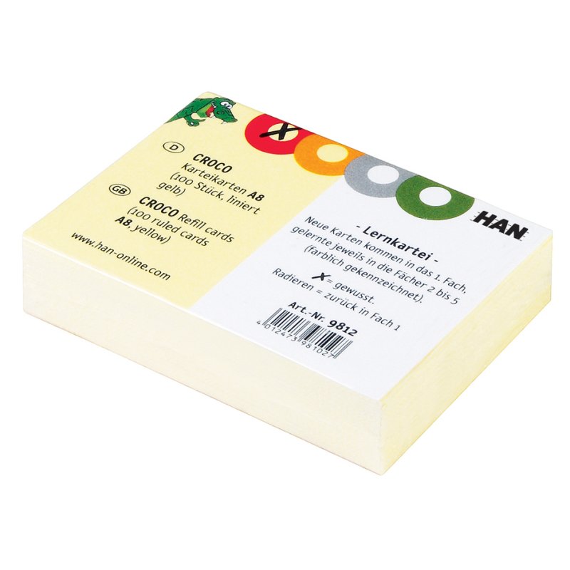 HAN indexkaarten leerkartei CROCO A7 dwars, geel, gelineerd, 100 stuks