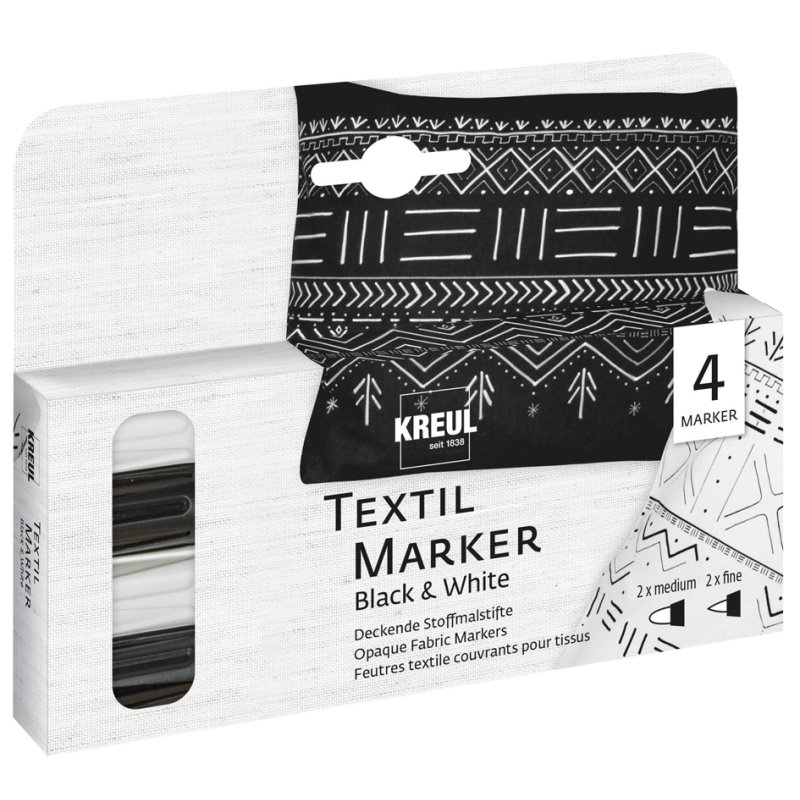 KREUL marqueurs textiles OPAK, ensemble noir-blanc, 4 pièces