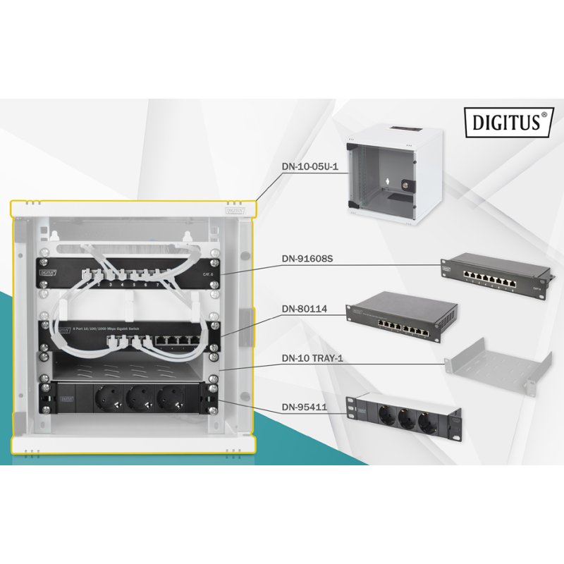 DIGITUS netwerkset, 6 HE, wandkast, switch en patchpanel