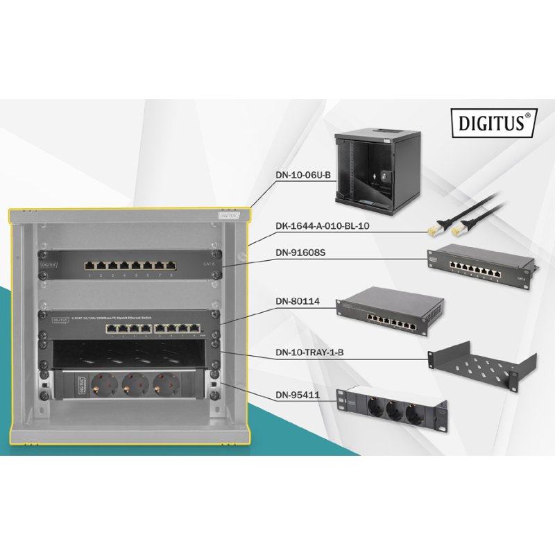 DIGITUS netwerkset, 6 HE, wandkast, switch en patchpanel