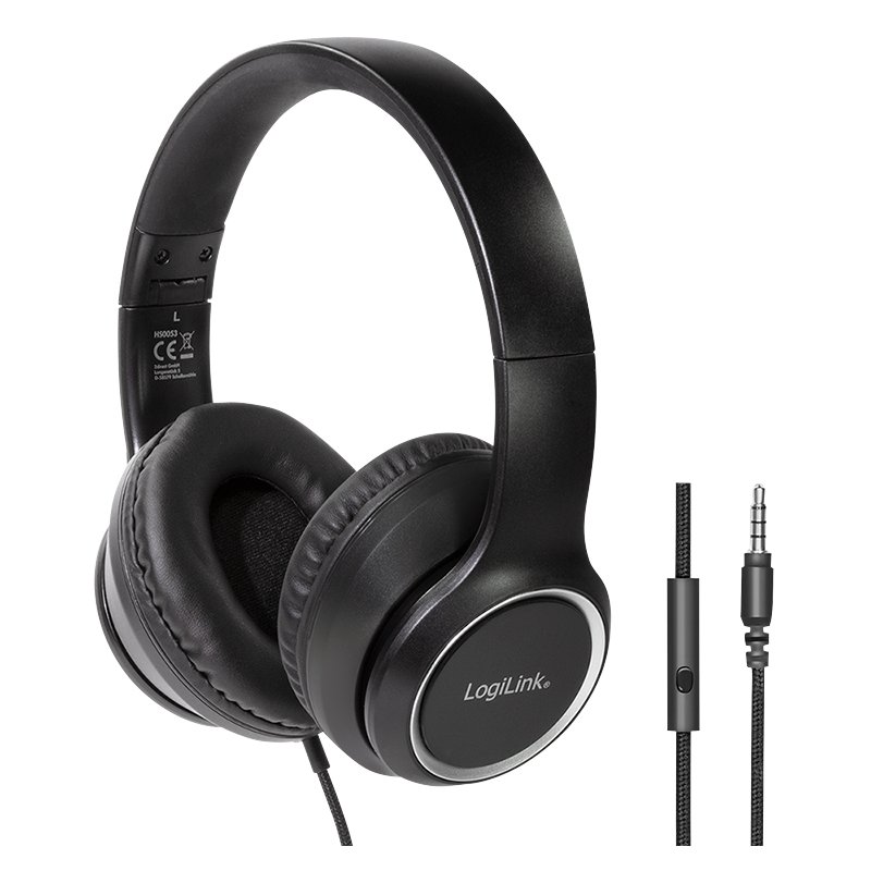 LogiLink stereo headset with microphone, black, 3.5 mm jack, foldable