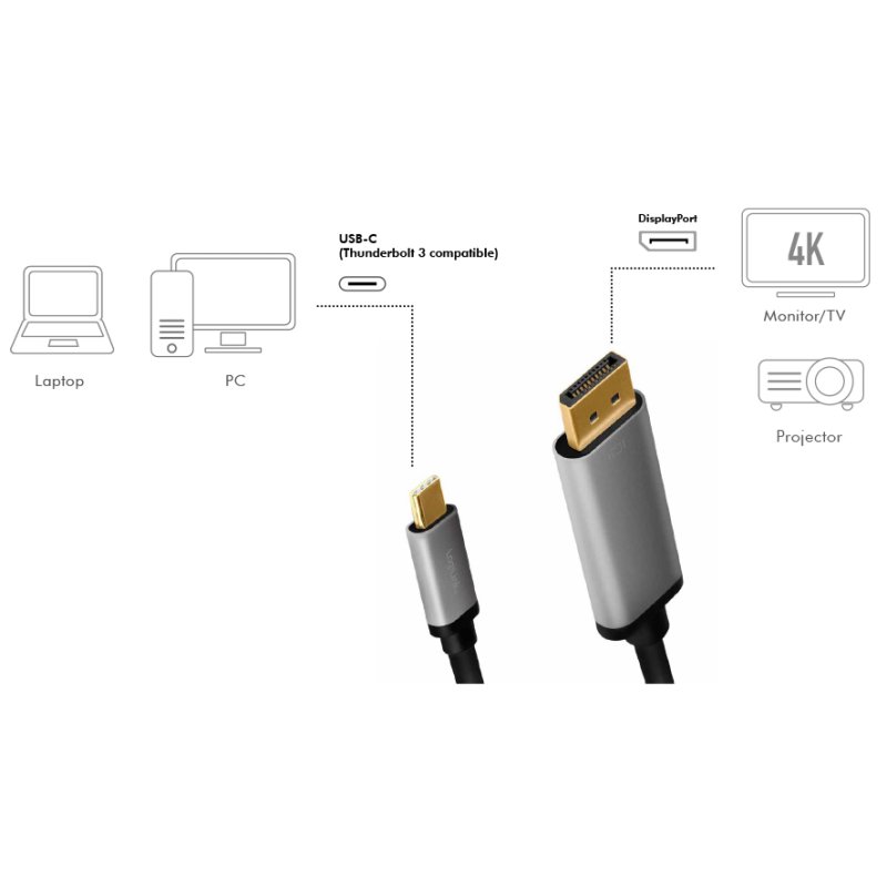 LogiLink USB-C to DisplayPort cable, 1.8 m, 4K/60Hz, black/grey