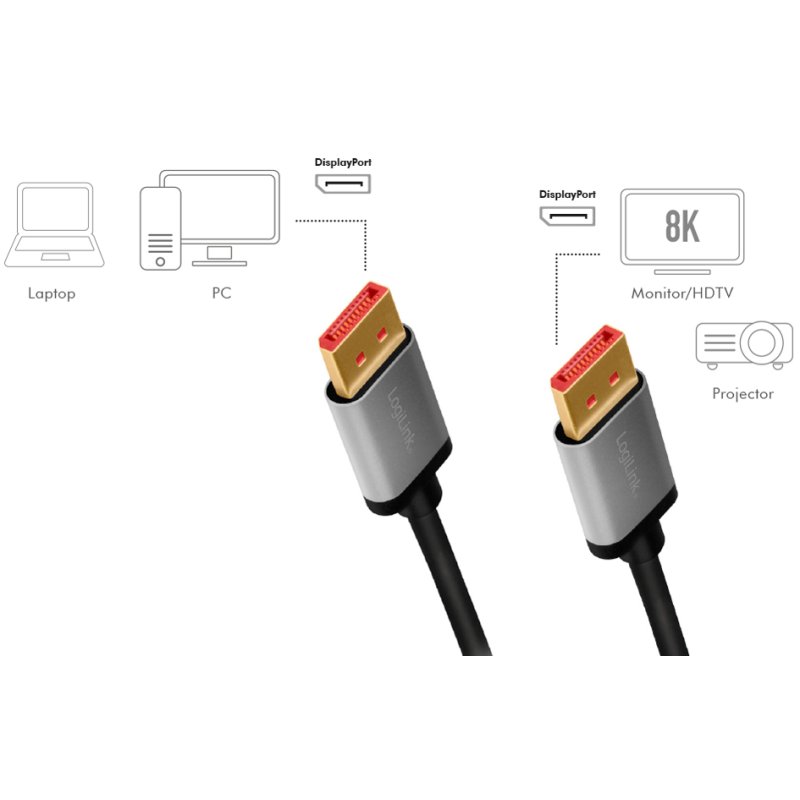 LogiLink Câble DisplayPort 1.4, mâle vers mâle, 2 mètres, noir/gris