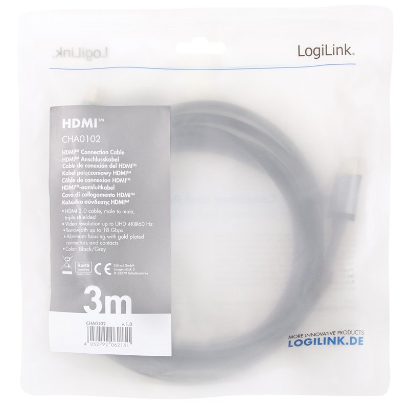 LogiLink Câble HDMI 2.0, connecteur A vers connecteur A, noir/gris, 5 mètres