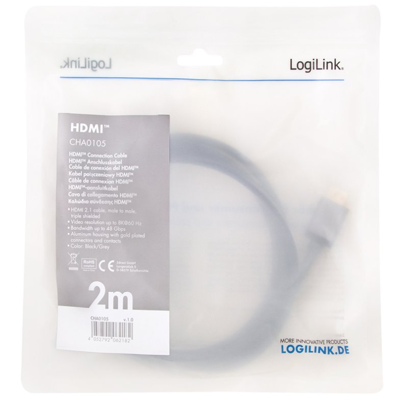 LogiLink Câble HDMI 2.1, connecteur A vers connecteur A, noir/gris, 1,0 m