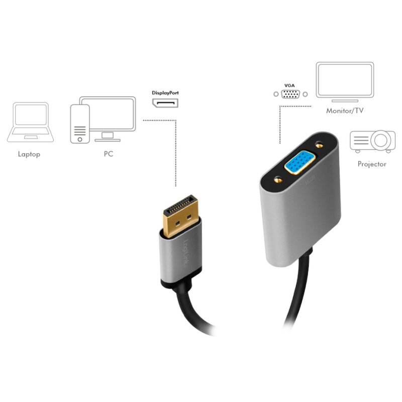 LogiLink DisplayPort to VGA adapter cable, 0.15 m, black/grey