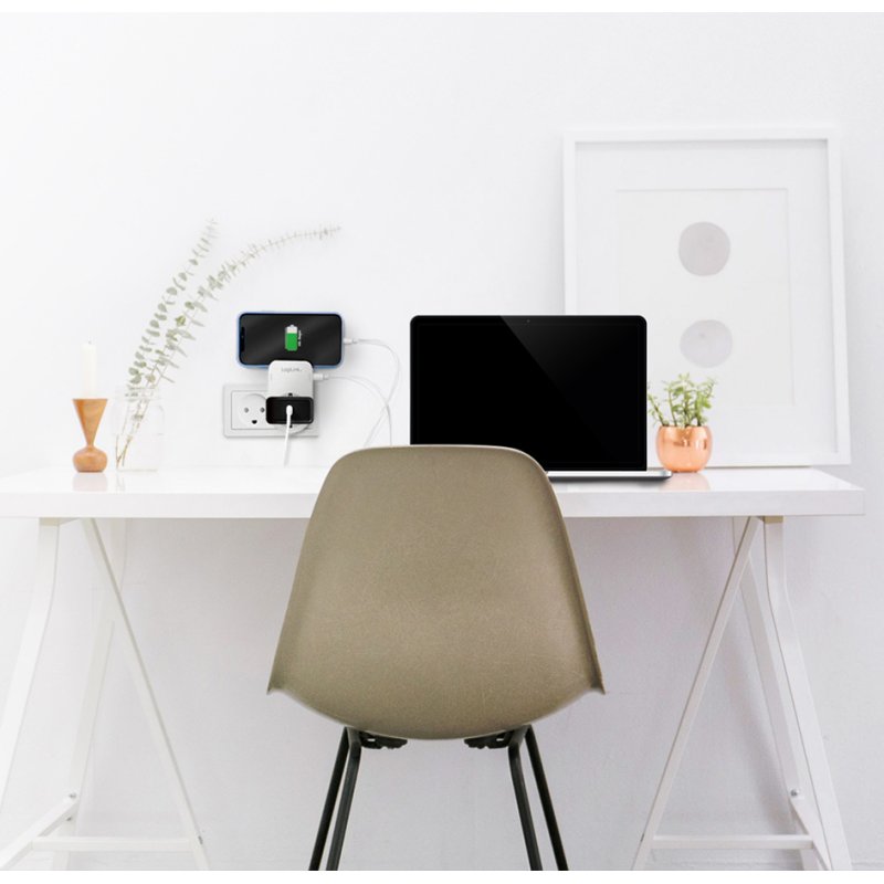 LogiLink adaptateur mural avec support pour smartphone, blanc, 2 ports USB