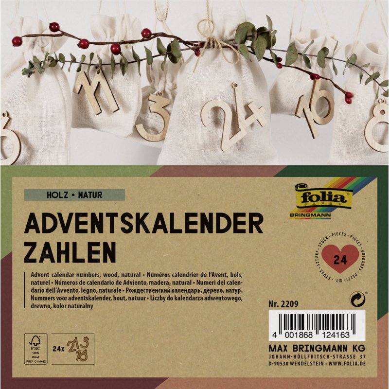 folia adventskalender houten cijfers naturel, 24 stuks, 47 mm hoog, met ophangoog