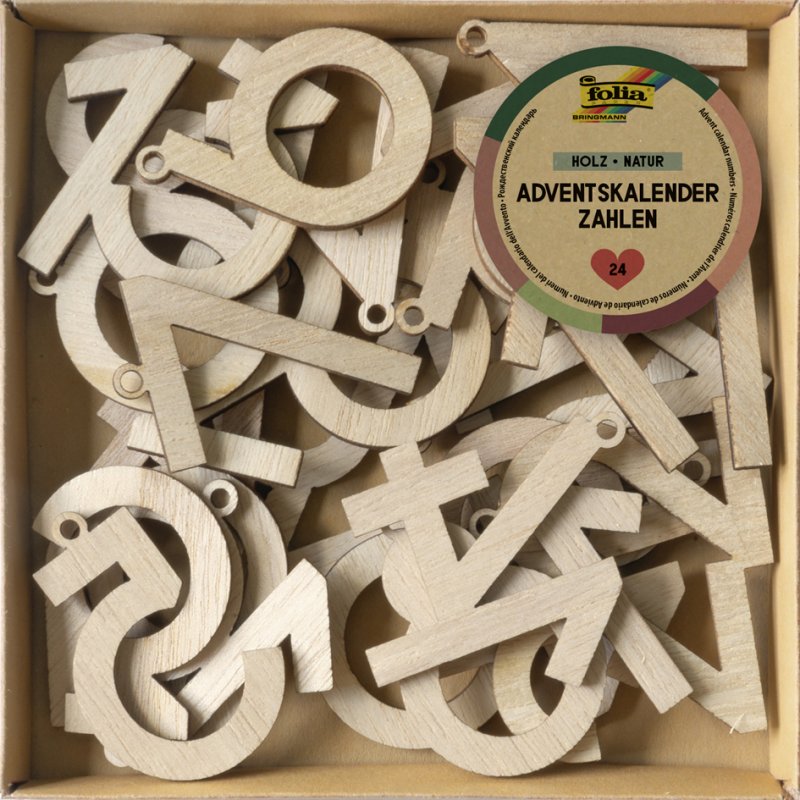 folia adventskalender houten cijfers naturel, 24 stuks, 47 mm hoog, met ophangoog