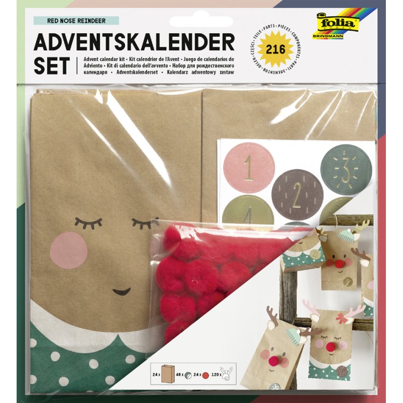 folia kerstkalender-set RED NOSE REINDEER, rood neuzenrendier, 216-delig