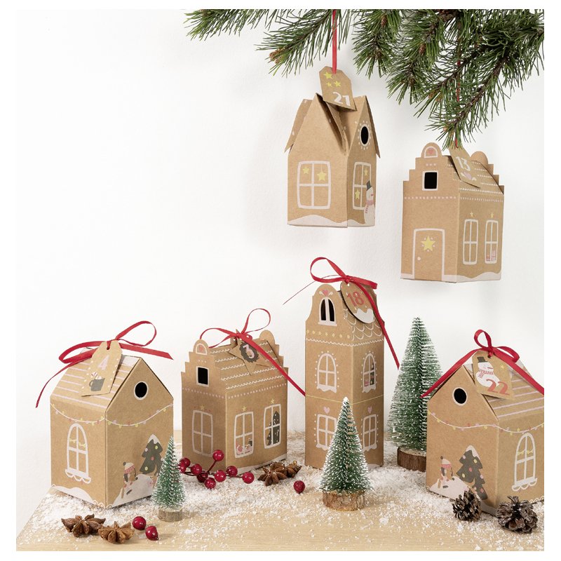 folia Adventskalender-set Hyggekampje, 49-delig, 24 huisjes karton, rood satijnlint