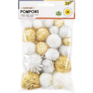 folia kerstglitterpompons, assortiment maten, lichtgrijs/lichtbeige/wit, 30 stuks