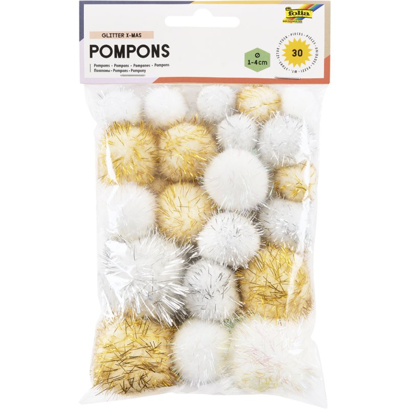 folia kerstglitterpompons, assortiment maten, lichtgrijs/lichtbeige/wit, 30 stuks
