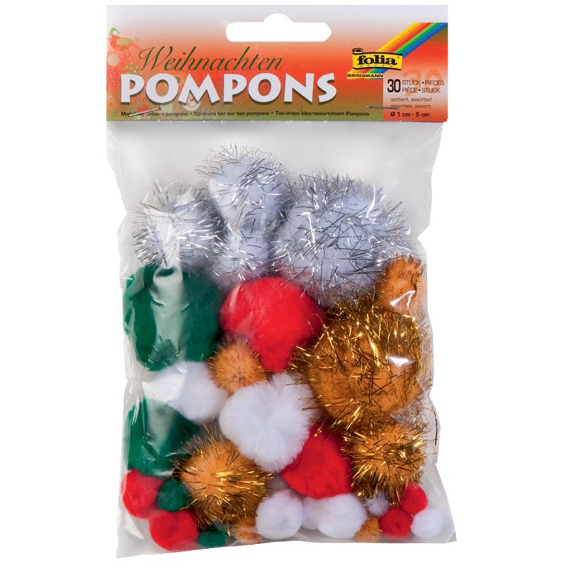 folia kerstglitterpompons, assortiment maten, lichtgrijs/lichtbeige/wit, 30 stuks