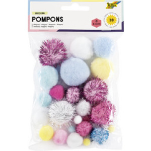 folia pompons eenhoorn, gemengde maten 10-40 mm, kleurensortiment, 30 stuks