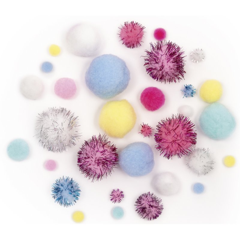 folia pompons eenhoorn, gemengde maten 10-40 mm, kleurensortiment, 30 stuks