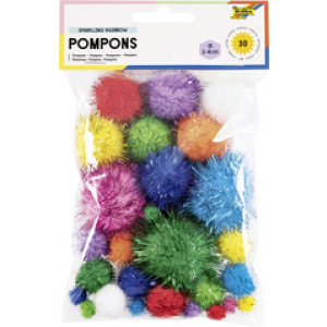 folia regenboog pompons, gemengde maten 10-40 mm, gekleurd sortiment, 30 stuks