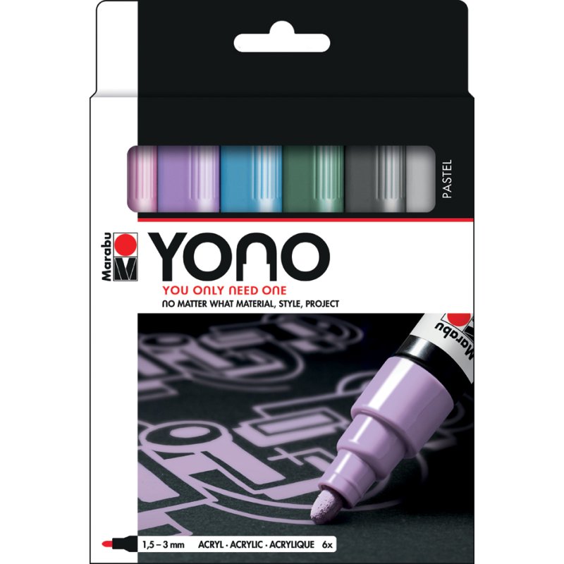 Marabu acrylstiften YONO, 1,5-3,0 mm, pastelkleuren, 6 stuks