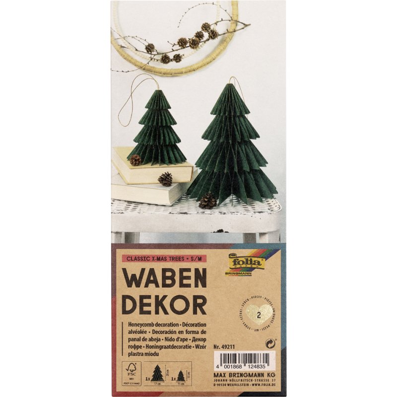 folia honingraatwanddecoratie kerstbomen, groen met goudglitter, set van 2