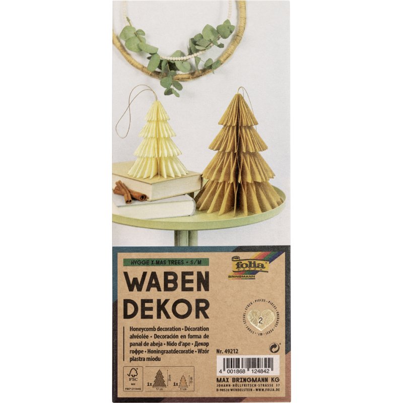 folia honingraatdecoratie HYGGE XMAS TREES, kerstbomen, beige/crème met gouden glitter, set van 2