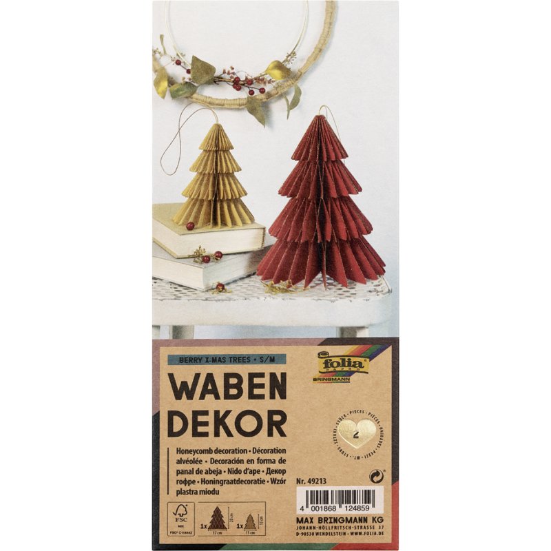 folia bijenwasdecoratiestuks BERRY XMAS TREES, kerstboomvorm, rood en beige, set van 2