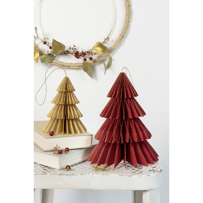folia bijenwasdecoratiestuks BERRY XMAS TREES, kerstboomvorm, rood en beige, set van 2