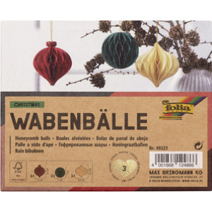 folia honingraatballen CHRISTMAS, set van 3 stuks, donkergroen/rood/crème, glitterafwerking goud