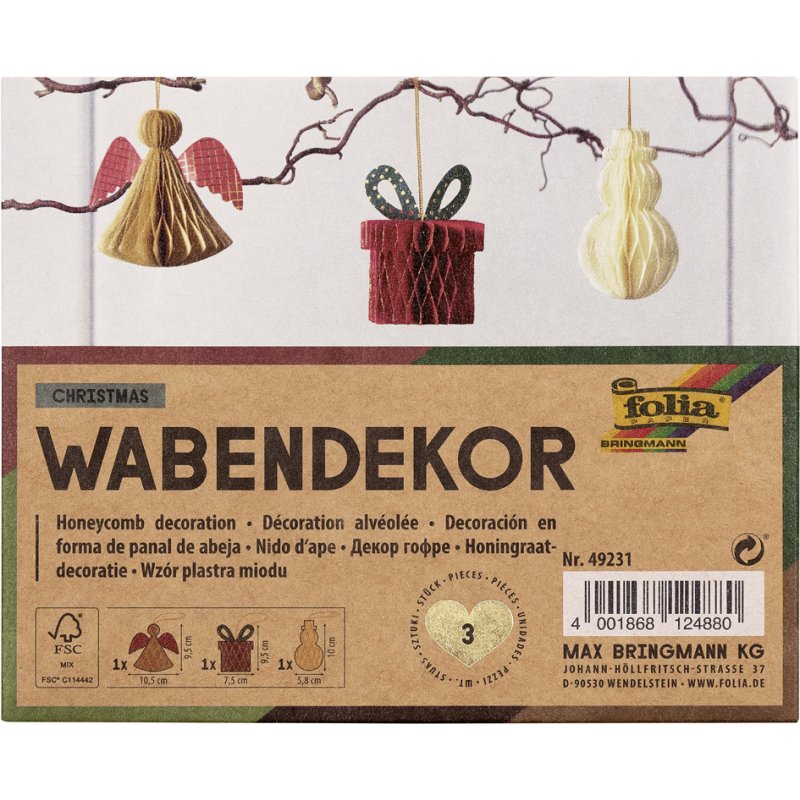 folia honinggraatdecoratie kerst, creme/rood/beige, goudglitter, 3 stuks